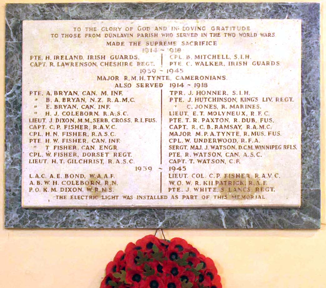 Dunlavin memorial with C.P Fisher as a Captain in 1914-1918 and a Lieutenant Colonel in 1939-1945 Dunlavin memorial